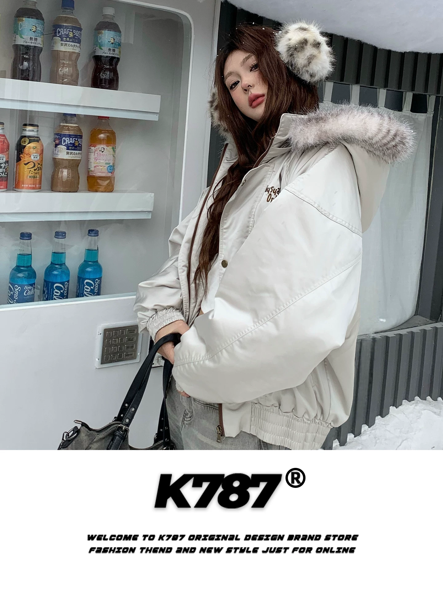 Áo khoác cotton có mũ trùm đầu, cổ lông, thêu chữ phong cách đường phố Mỹ K787 dành cho nam và nữ, kiểu dáng rộng rãi, chất liệu dày dặn, áo khoác đôi.