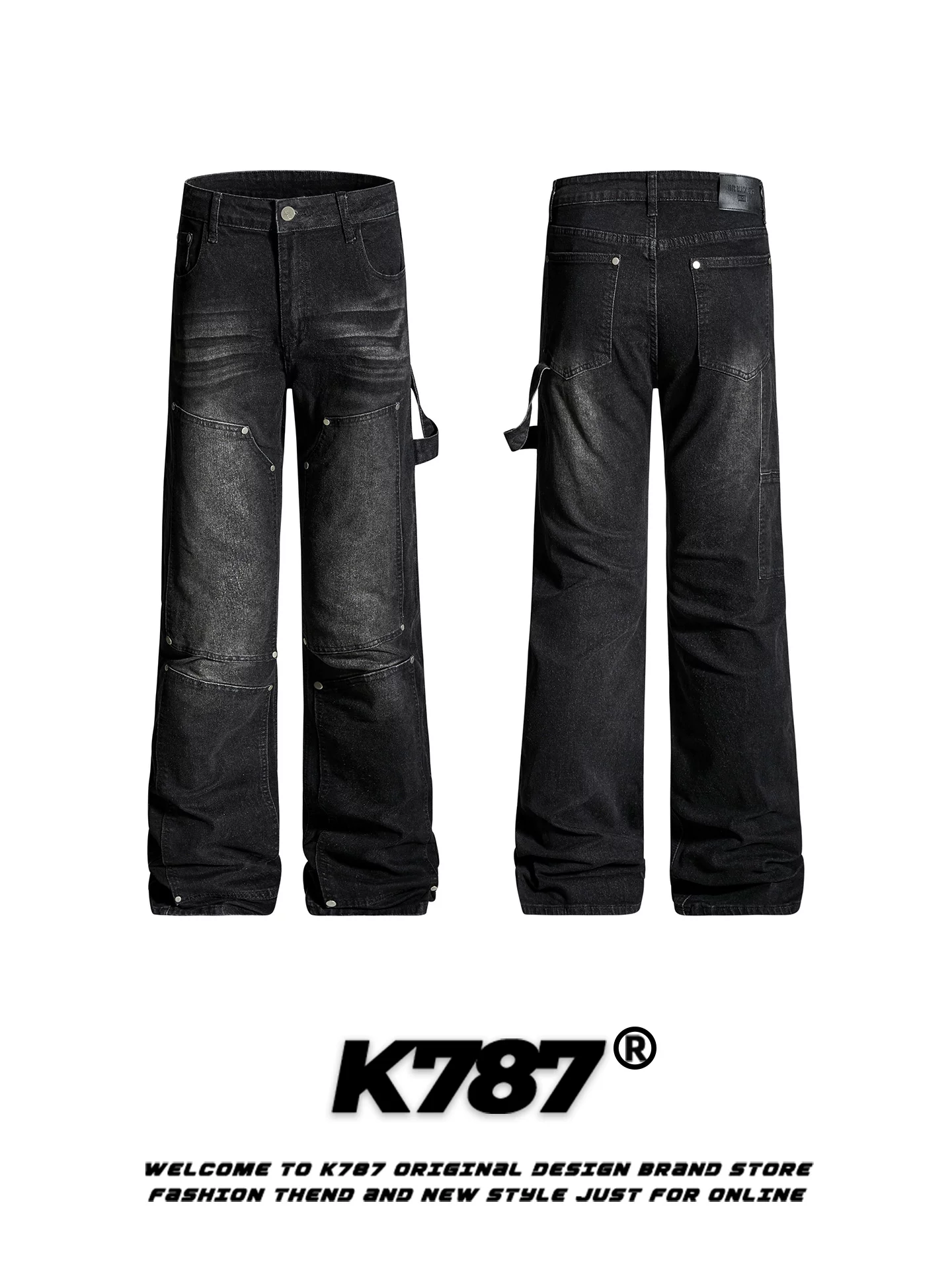 K787 Quần jean kiểu Mỹ cổ điển được thiết kế theo phong cách patchwork dành cho nam và nữ, quần dài thẳng ống đứng có dây thắt lưng giảm béo hợp thời trang dành cho nam và nữ
