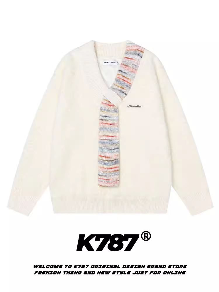 Áo len nữ dệt kim phối họa tiết, cổ V, phong cách giản dị, thoải mái, chất liệu lông cừu mềm mại K787