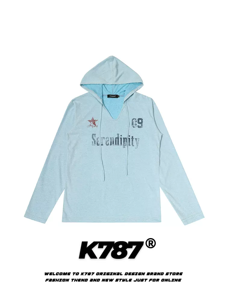 K787 Phong cách retro Mỹ đau khổ chữ cổ chữ V dài tay áo unisex thể thao mỏng có mũ trùm đầu chống nắng áo sơ mi mùa hè