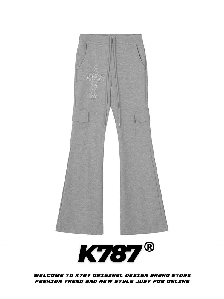 Quần thể thao nữ K787 kiểu dáng xuông, đính đá, thêu chữ thập, cạp cao, đa năng, có dây rút, túi thể thao, ống chuông
