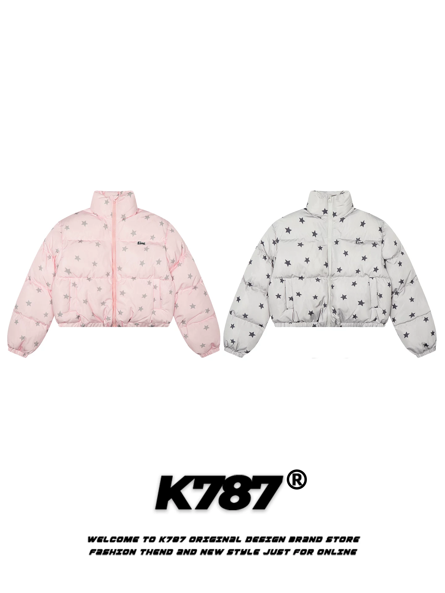Áo khoác cotton cổ đứng in họa tiết sao toàn thân kiểu dáng nhẹ nhàng và ngọt ngào K787 dành cho nữ, kiểu dáng ngắn ấm áp, áo khoác phao ngắn giảm tuổi tác cho mùa đông.