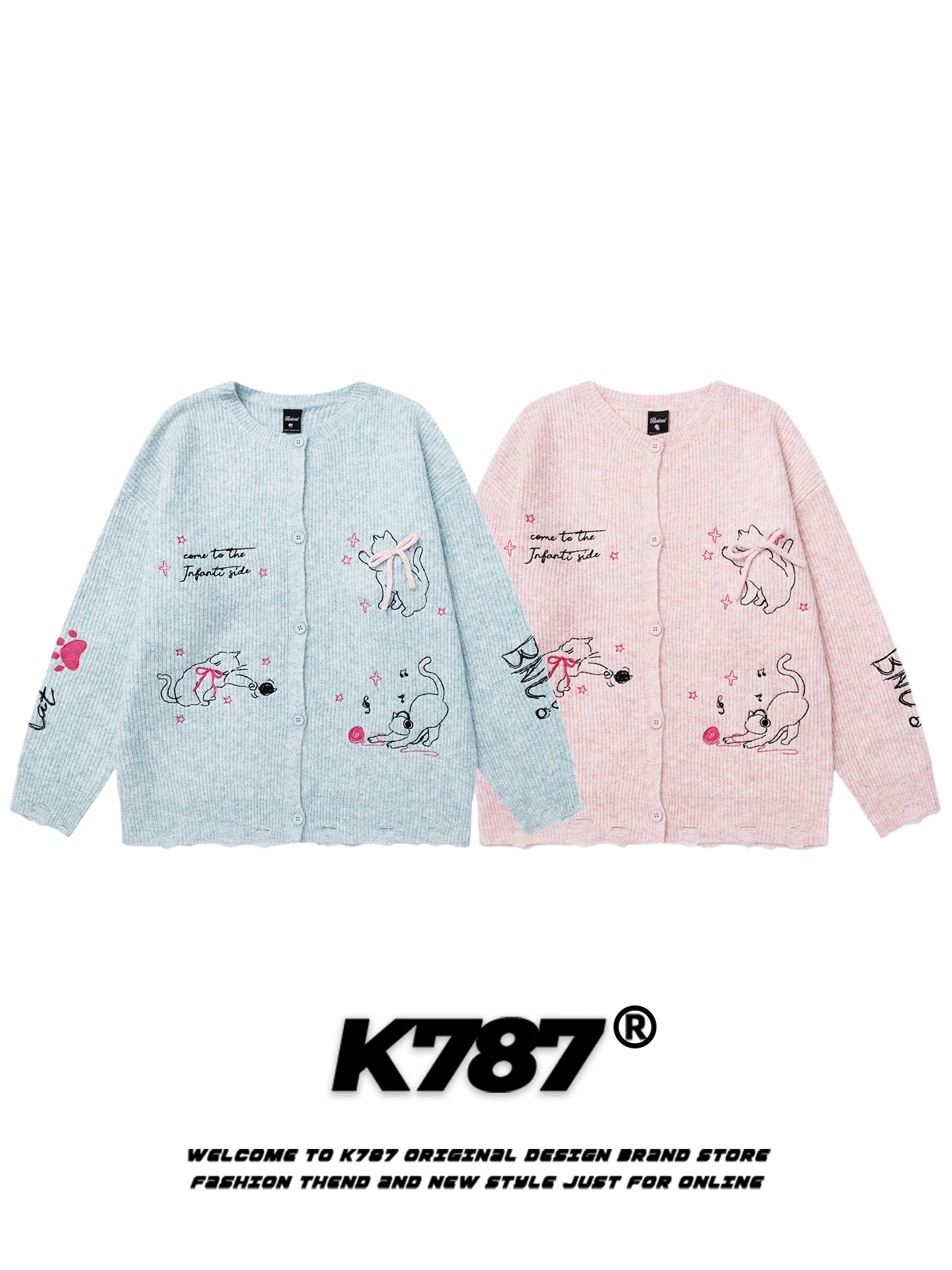 Áo len cardigan thêu hình động vật hoạt hình phong cách ngọt ngào Mỹ K787 dành cho nam và nữ, kiểu dáng rộng rãi, thoải mái, áo khoác cặp đôi dệt kim