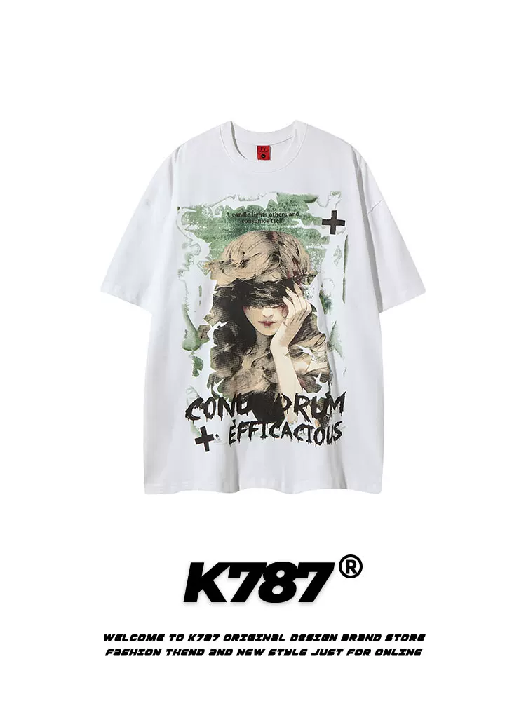 K787 Áo thun ngắn tay phong cách hip-hop cổ điển kiểu Mỹ đã qua xử lý làm cũ dành cho nam và nữ, áo thun cặp đôi ngoại cỡ