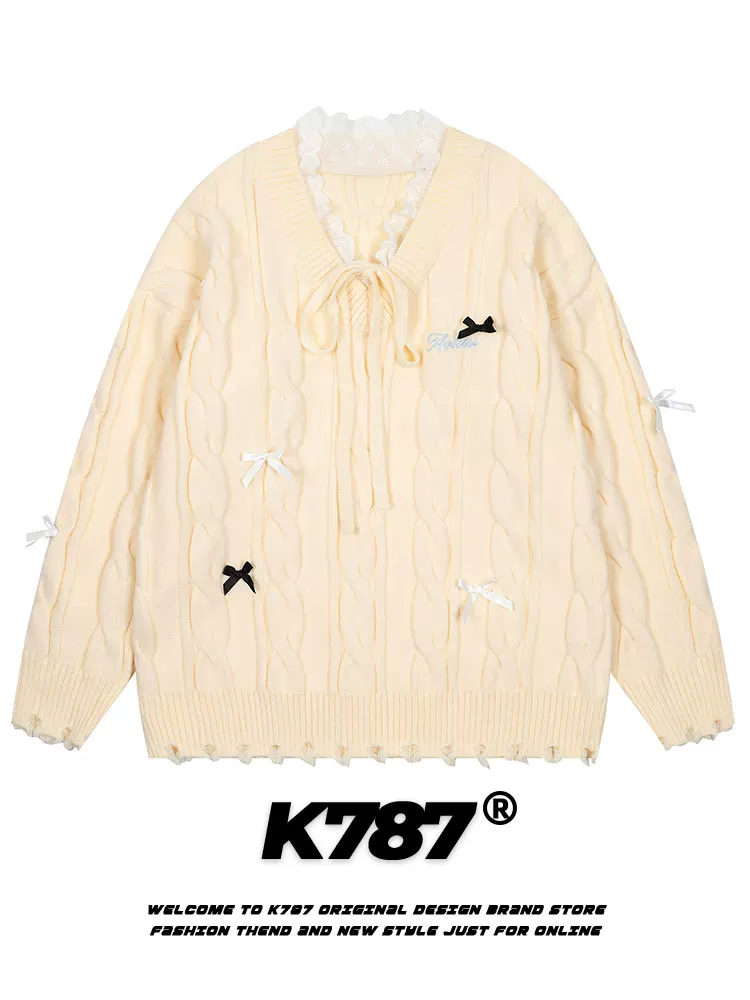 Áo len dệt kim cổ V buộc dây phong cách retro Mỹ K787, phối ren, dành cho nam và nữ, kiểu vintage preppy.
