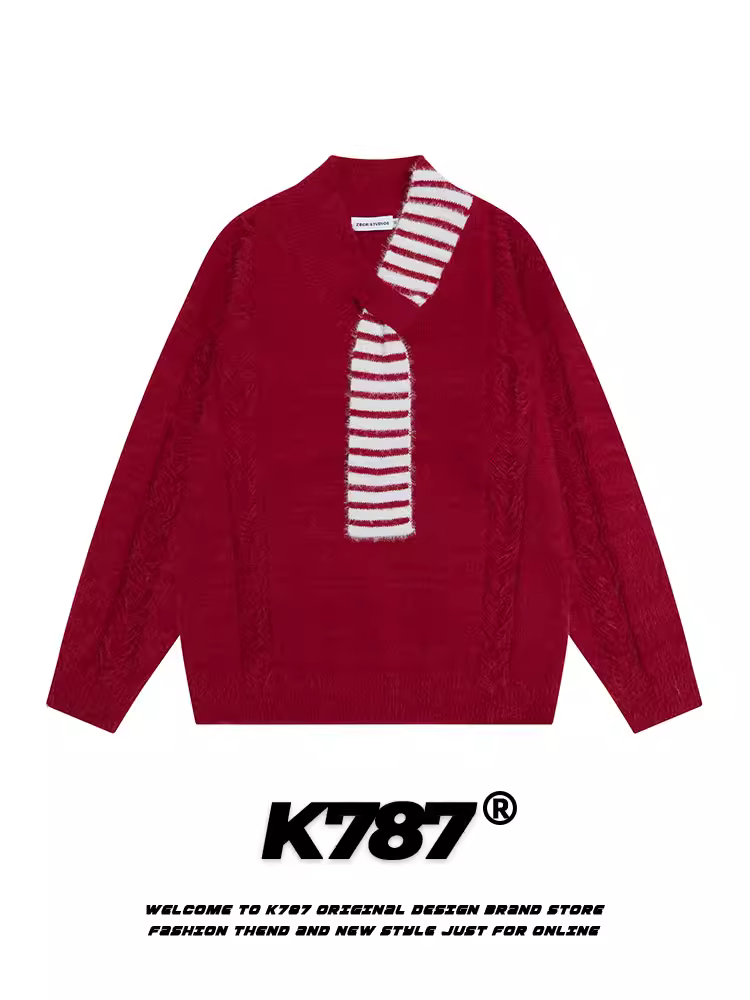 Áo len dệt kim sọc khí quyển K787 Áo len dệt kim cổ chữ V chắp vá nhẹ nhàng sang trọng Áo len năm hoàng đạo sờn mòn