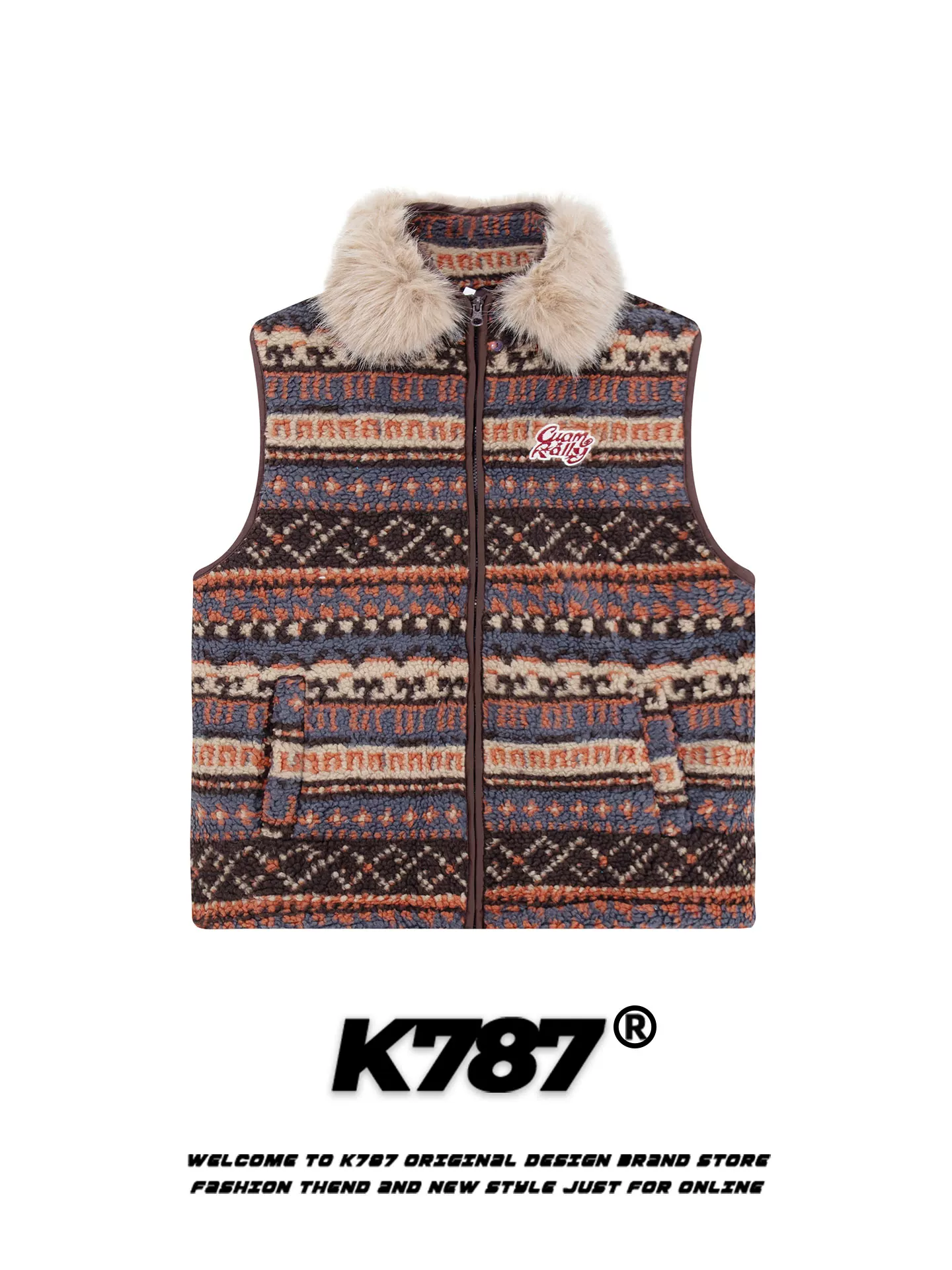 Áo gile nữ kiểu đường phố Mỹ K787, cổ lông tháo rời kiểu Fair Isle, áo khoác nhiều lớp, chất liệu len cừu giữ ấm mùa đông