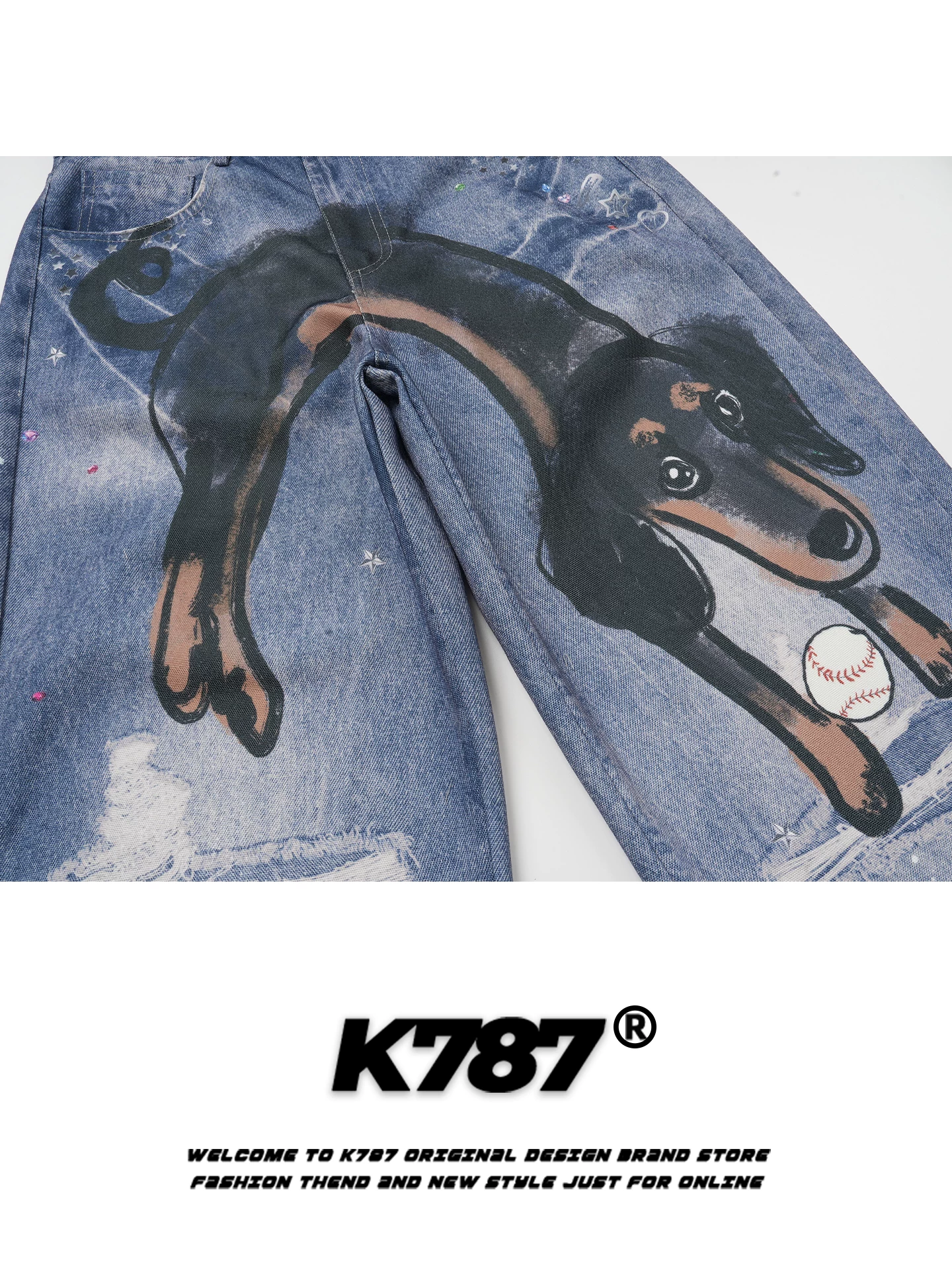 K787 Quần jean in hình chú chó vui nhộn phong cách đường phố Mỹ unisex dáng rộng hợp thời trang quần ống rộng lưng cao đa năng