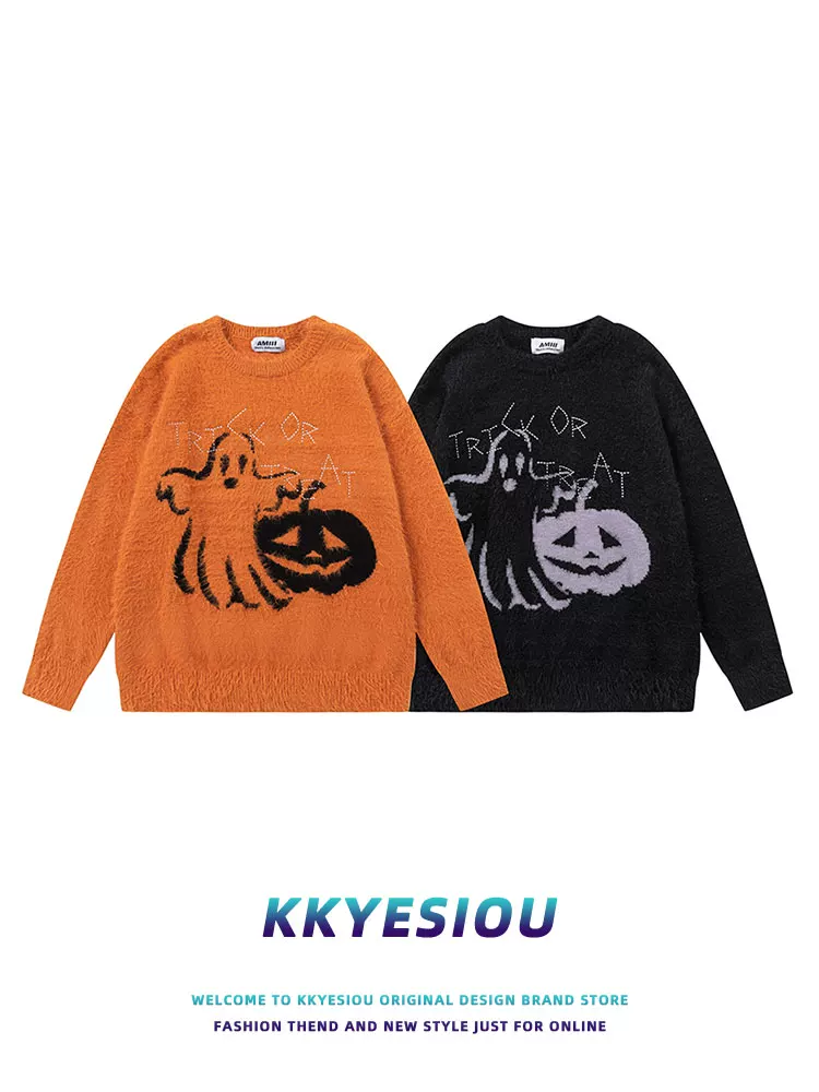 Áo len KKyesiou Halloween vui nhộn hình bí ngô ma quái dành cho nam và nữ, áo len đôi thiết kế màu cam đậm tạo không khí