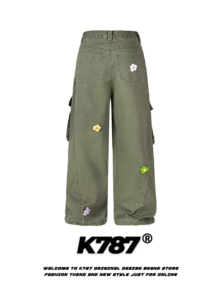 K787 Quần tây thêu phong cách retro quốc gia của Mỹ quần công sở giản dị unisex oversize lưng cao đa năng quần denim ống thẳng đa năng
