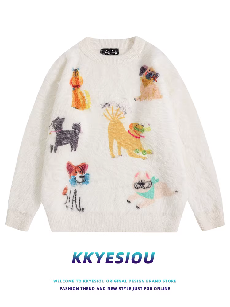 Áo len dệt kim in hình hoạt hình cổ điển kiểu Mỹ K787 dành cho nam và nữ, kiểu dáng rộng rãi, phong cách preppy, dành cho cặp đôi