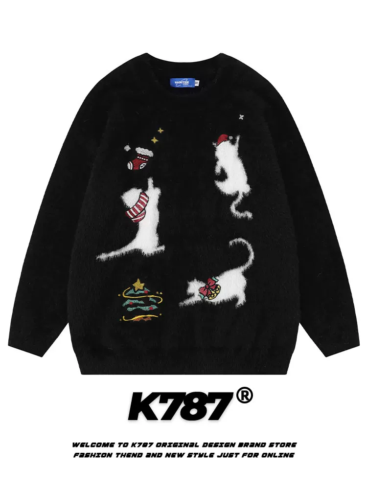 K787 Áo len dệt kim mohair phong cách cổ điển kiểu Mỹ dành cho nam và nữ, áo len thêu cây thông Noel mùa đông dành cho cặp đôi