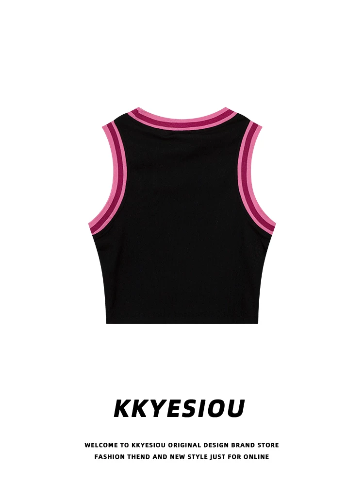 Áo vest dệt kim ngắn màu hồng và đen tương phản phong cách ngọt ngào và cay cay dành cho nữ Áo yếm in chữ hip-hop thương hiệu thời thượng của Mỹ