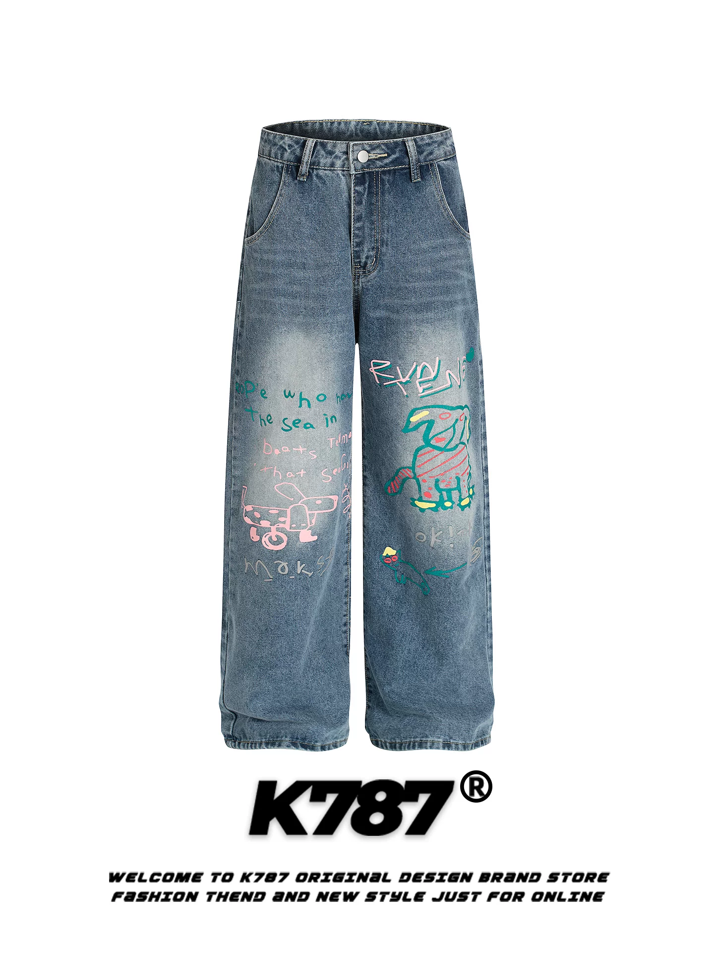 Quần jean in hình chó con graffiti đường phố Mỹ K787 dành cho nam và nữ, cạp cao, đã qua xử lý làm mềm, dáng rộng, ống thẳng, quần ống rộng đa năng