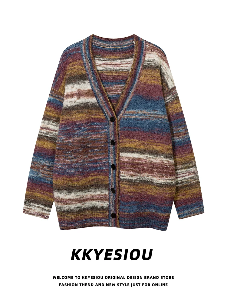Áo cardigan dệt kim cổ chữ V phong cách retro dân tộc Mỹ KKyesiou dành cho nam và nữ, áo khoác cặp đôi cổ điển