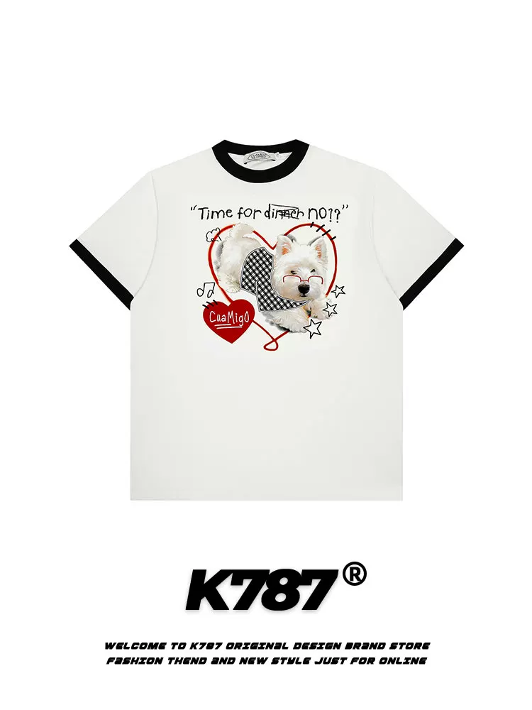 K787 Áo thun ngắn tay in hình chó phong cách retro kiểu Mỹ, phối màu, kiểu dáng thường ngày dành cho nữ, phong cách lười biếng, áo ngắn rộng rãi và đa năng.