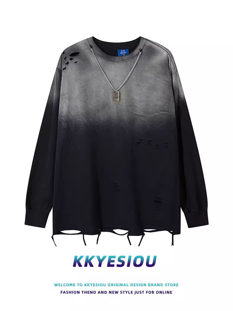Áo thun dài tay KKyesiou kiểu Mỹ cổ điển, rách, phối màu phun sơn, dành cho nam và nữ, kiểu dáng rộng rãi, áo đôi mặc thường ngày