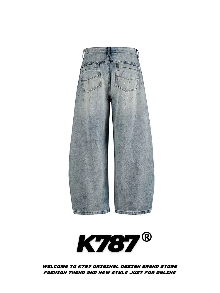 Quần jeans K787 kiểu Mỹ cổ điển, xước, nhuộm màu, dành cho nam và nữ, phong cách đường phố, cạp cao, dáng rộng, ống thẳng, kiểu quần lửng.