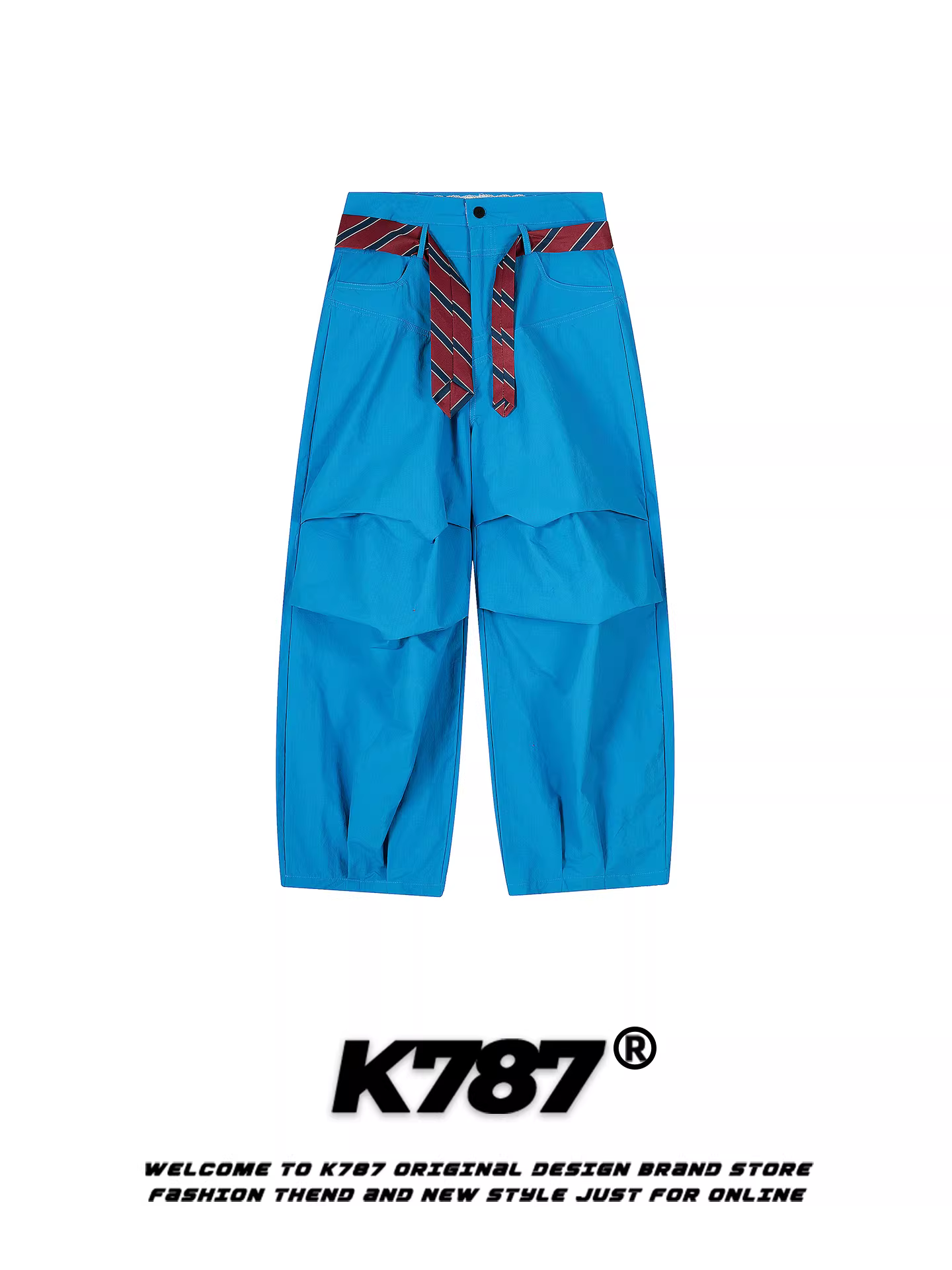 Quần nữ kiểu Mỹ K787, phối màu chắp vá, phong cách đường phố, dáng rộng, xếp ly, cạp cao, dài chấm đất, có kèm dây lưng.