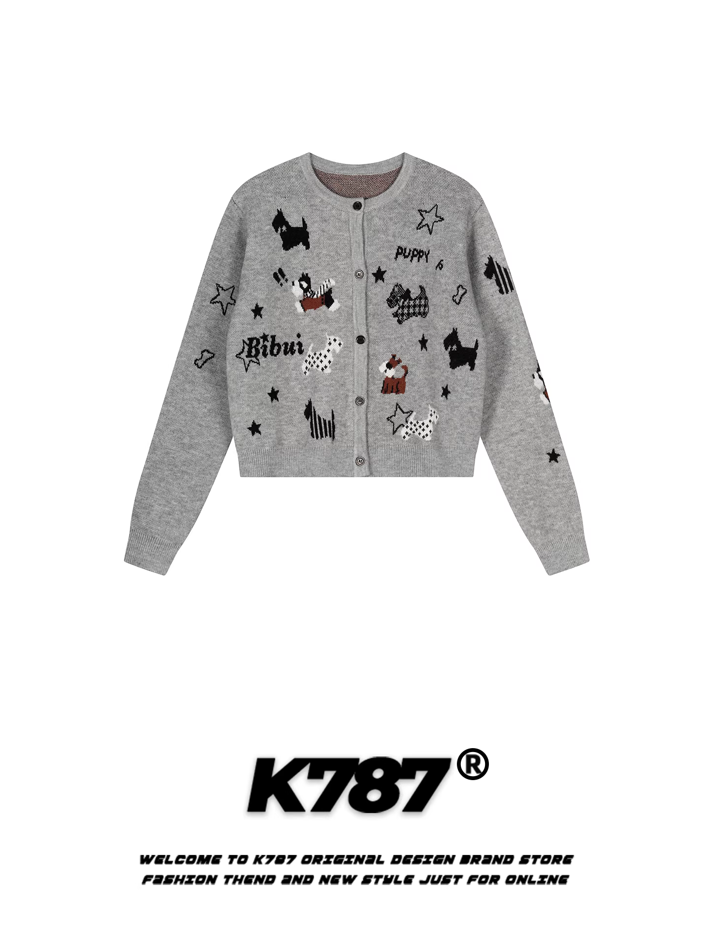 K787 Áo len dệt kim cổ tròn in hình chú chó cổ điển kiểu Mỹ dành cho nữ, phong cách giản dị, trẻ trung, phong cách lười biếng, áo len cardigan ấm áp, áo len ngắn.