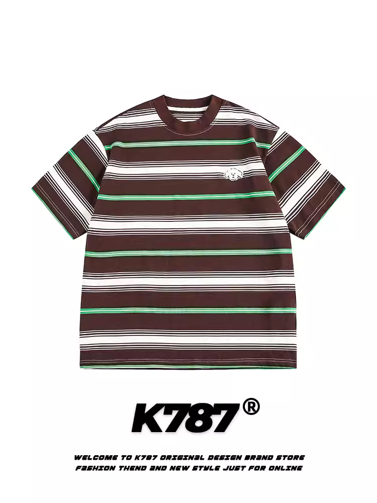Áo thun ngắn tay kiểu đại học sọc cổ điển Mỹ K787 dành cho nam và nữ, áo rộng rãi đa năng dành cho cặp đôi mùa hè.