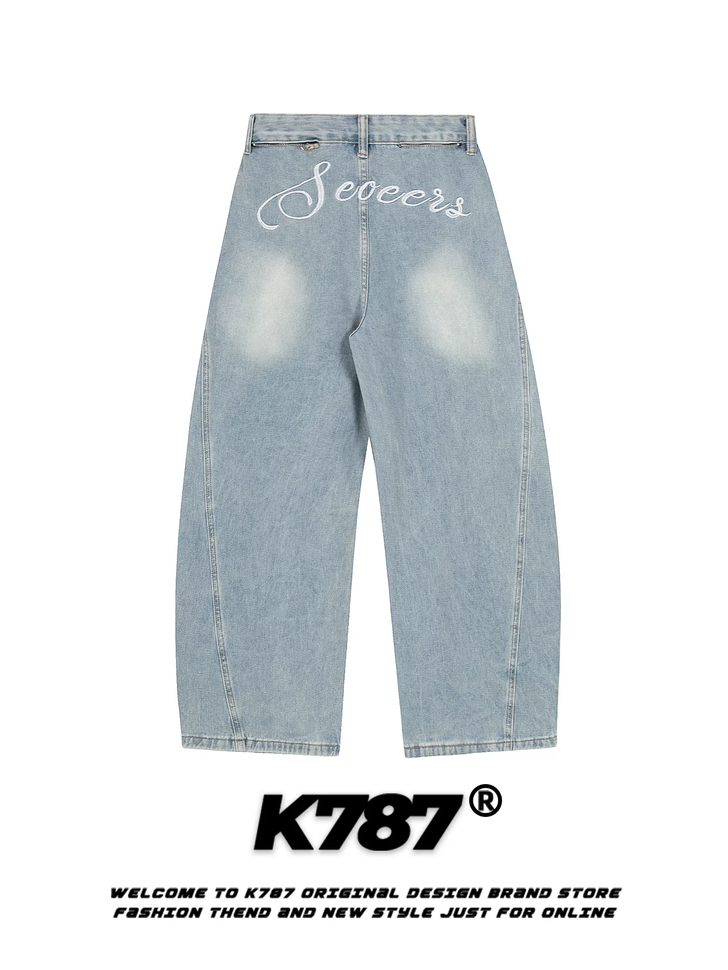 Quần jeans unisex K787 kiểu Mỹ cổ điển thêu chữ, phối vải caro, phối vải vá, cạp cao, ống rộng, đã qua xử lý làm mềm