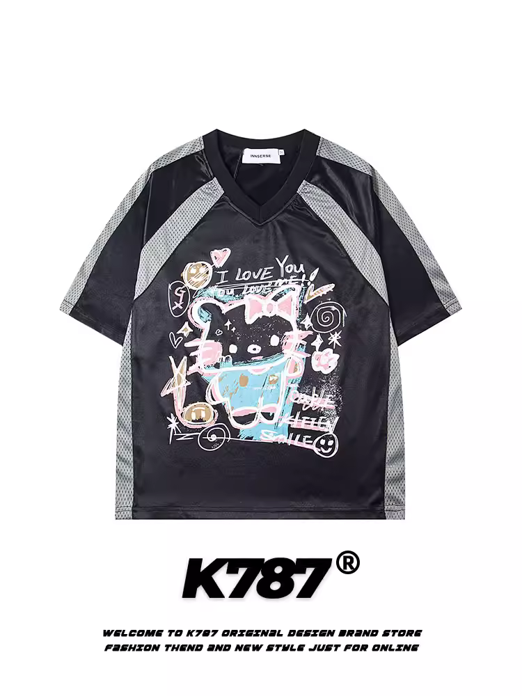 K787 Áo thun phong cách đường phố Mỹ hình mèo kitty graffiti nửa tay unisex phong cách châu Á nhẹ nhàng thoáng khí áo thun ngắn tay