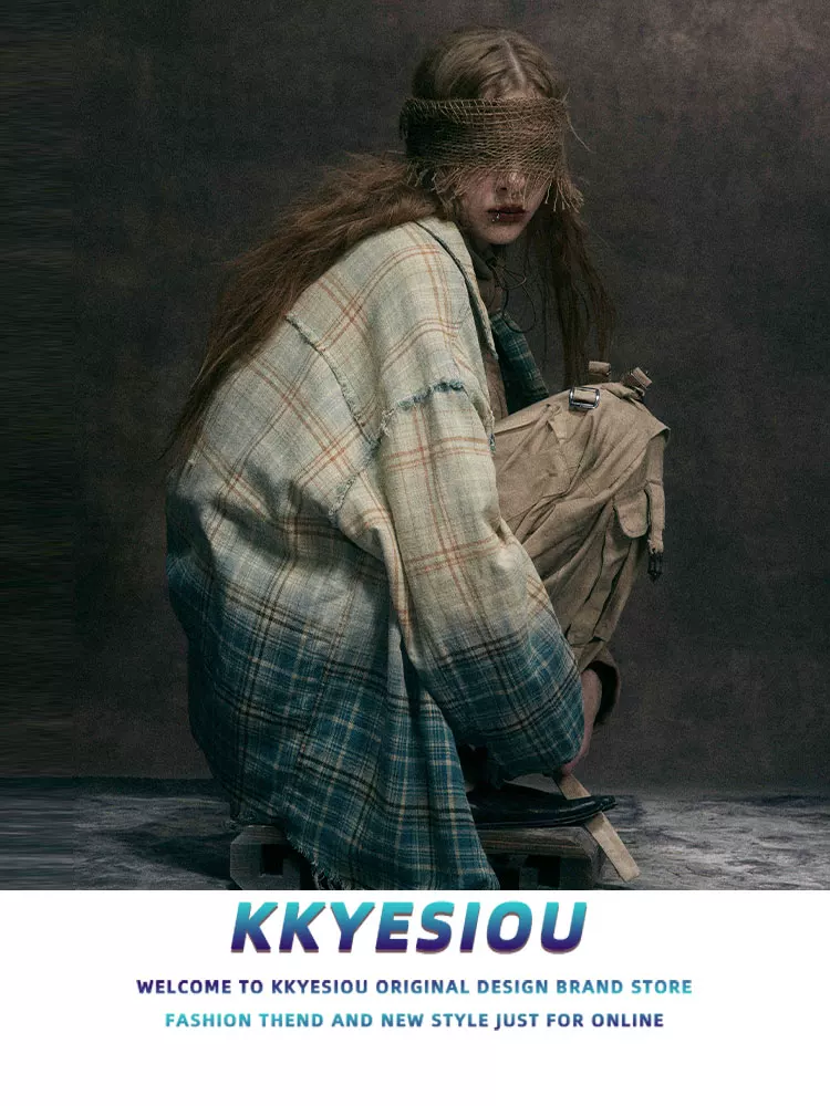 Áo sơ mi dài tay kiểu Mỹ cổ điển, kẻ caro, phối màu gradient, phong cách thường ngày, dành cho nam và nữ, viền xù, kiểu áo khoác đôi.