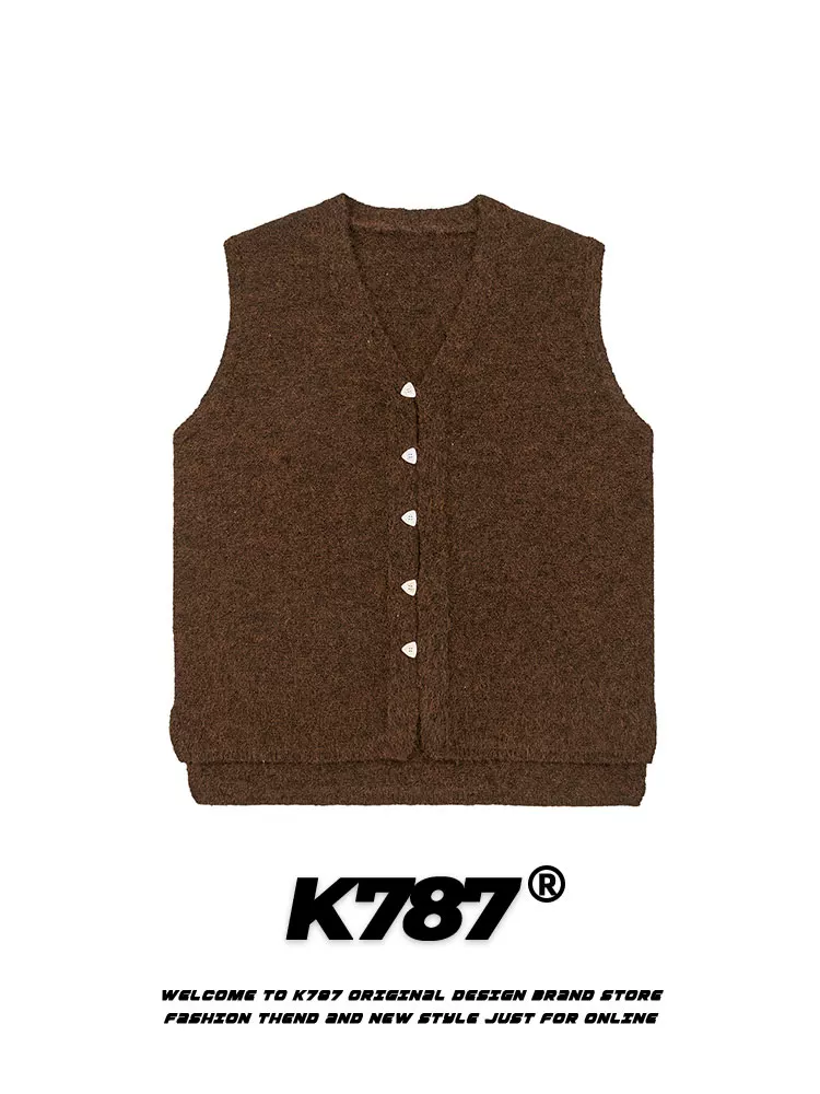 Áo gile dệt kim ngắn, dáng rộng, cổ V, màu trơn đơn giản, phong cách retro Mỹ, unisex, mã K787