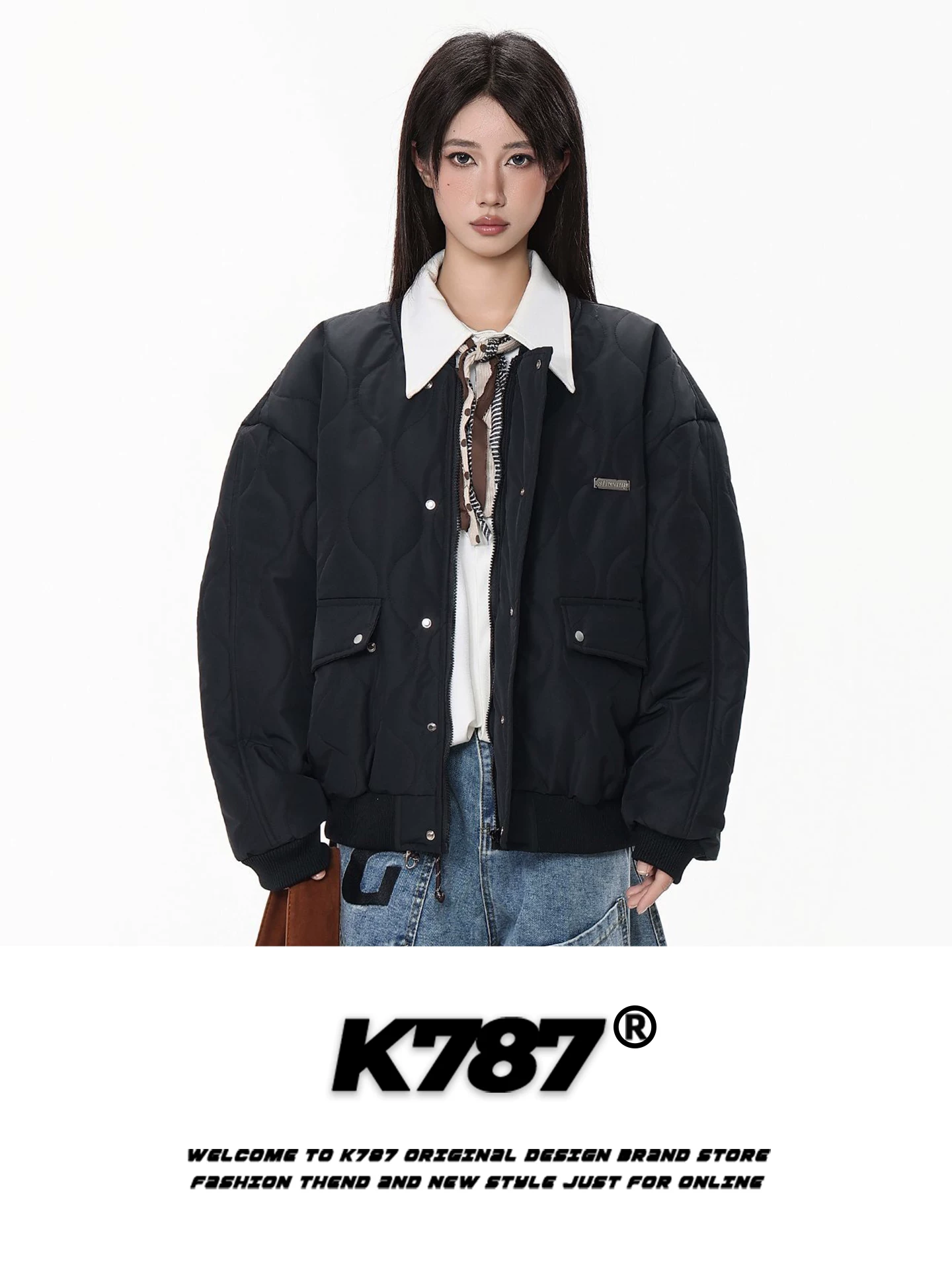 Áo khoác cotton dày có cổ đứng kiểu cổ điển kiểu Mỹ K787 dành cho nam và nữ, dáng rộng, ấm áp, áo khoác bomber có đệm thương hiệu hợp thời trang.
