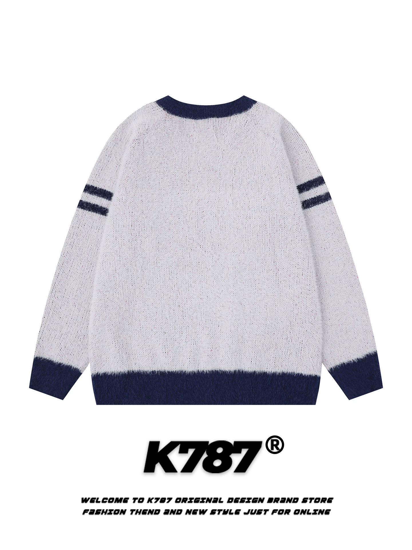 Áo len dệt kim mèo Kitty phong cách thể thao cổ điển Mỹ K787, unisex, cổ V, dáng rộng, áo khoác cặp đôi thời trang đường phố