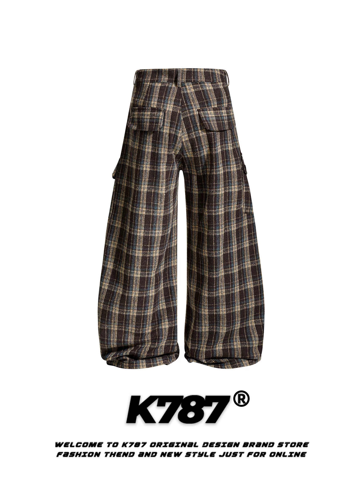 Quần dài kiểu lính dù nhiều túi phong cách retro Mỹ K787, unisex, rộng rãi, hợp thời trang, cạp cao, kẻ ca rô, dáng dài