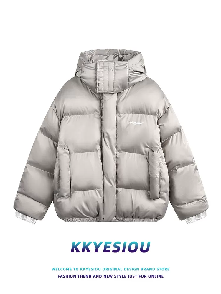 Áo khoác phao cổ đứng có mũ, kiểu Mỹ cổ điển, dày dặn, chất liệu cotton dành cho nam và nữ, mùa đông 2024, áo khoác đôi đi làm