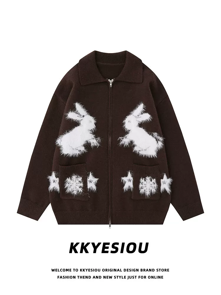 Áo khoác dệt kim jacquard thỏ cổ điển kiểu Mỹ KKyesiou dành cho nam và nữ, áo dệt kim dáng rộng màu đen phong cách preppy dành cho cặp đôi