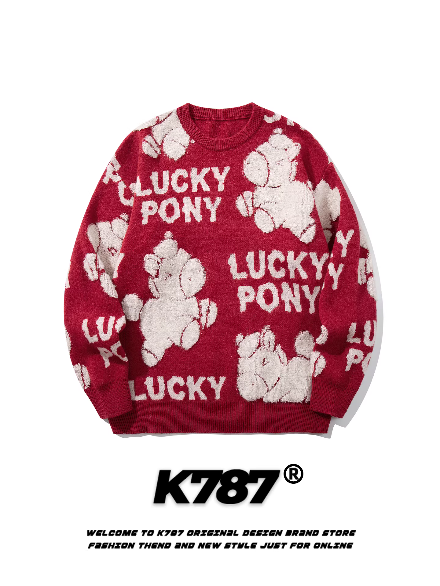 Áo len dệt kim màu đỏ năm mới K787 hình chú ngựa nhỏ dễ thương dành cho nam và nữ Lễ hội mùa xuân năm 2025 Áo len chui đầu năm con ngựa dành cho cặp đôi