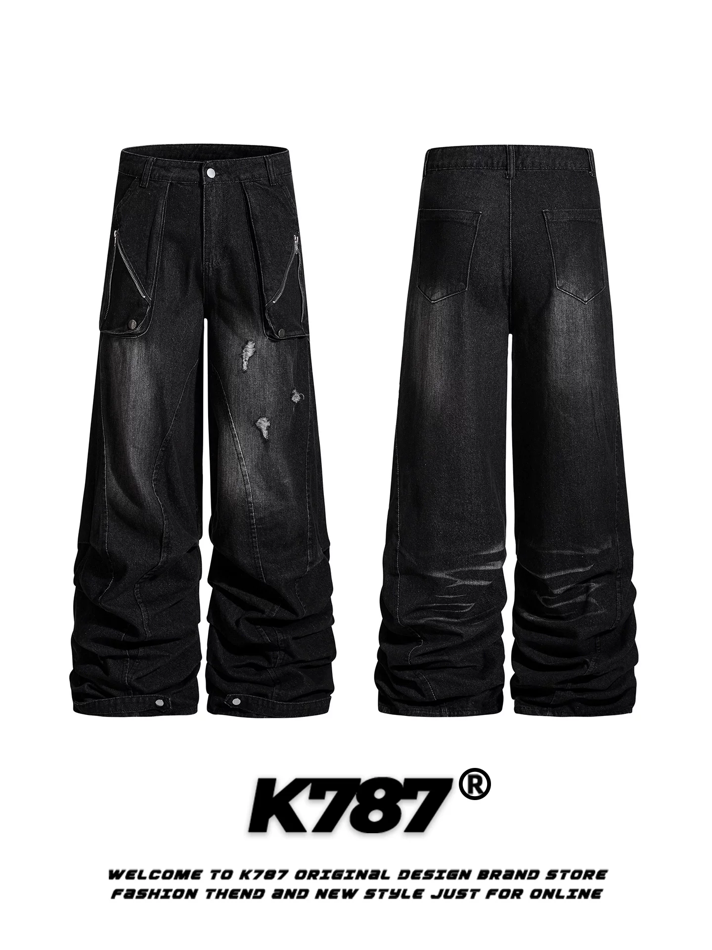 Quần jeans unisex kiểu đường phố Mỹ K787, rách, cắt xén, dáng rộng, ống rộng, đường may lộ, thời trang.