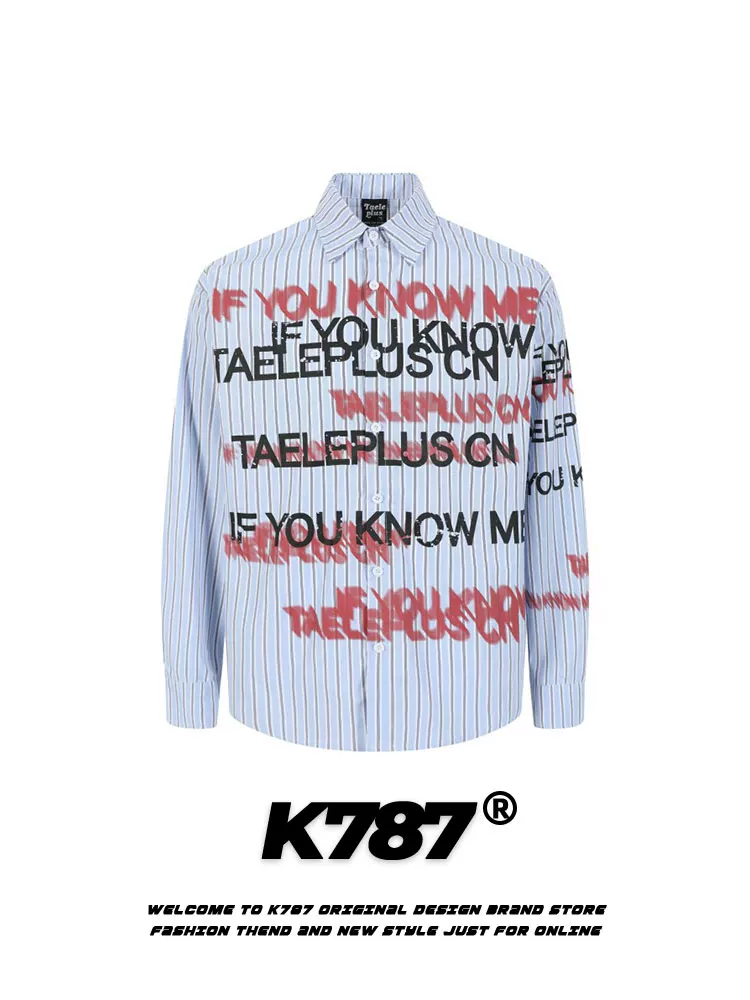 K787 Mỹ retro thư graffiti sọc dài tay áo sơ mi unisex hợp thời trang dáng rộng giản dị áo sơ mi cặp đôi áo khoác