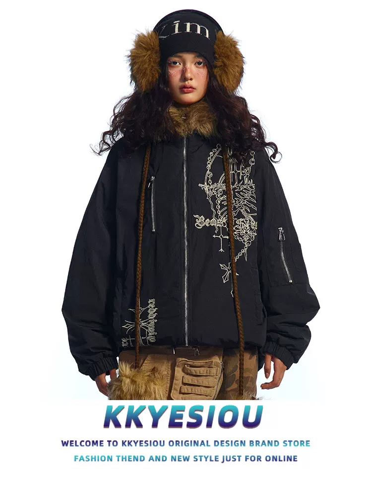 Áo khoác có mũ trùm đầu dày dặn, cổ lông thú, kiểu dáng xu hướng quốc gia mùa đông KKyesiou2024 dành cho nam và nữ, áo khoác cotton dài trung bình phong cách lười biếng