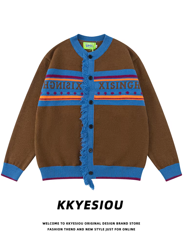 Áo len cặp đôi phong cách retro Mỹ, sọc xanh, kiểu preppy, áo khoác len cổ điển nam nữ