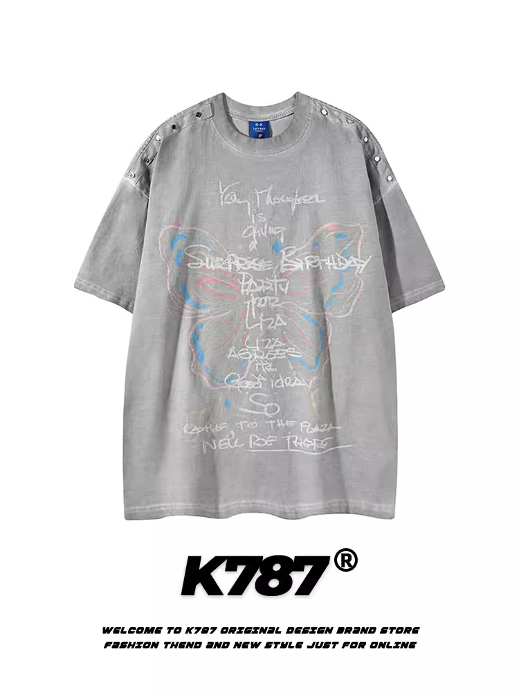 K787 Áo thun ngắn tay chắp vá in hình bướm cổ điển kiểu Mỹ dành cho nam và nữ, áo thun nửa tay cỡ lớn dành cho cặp đôi.