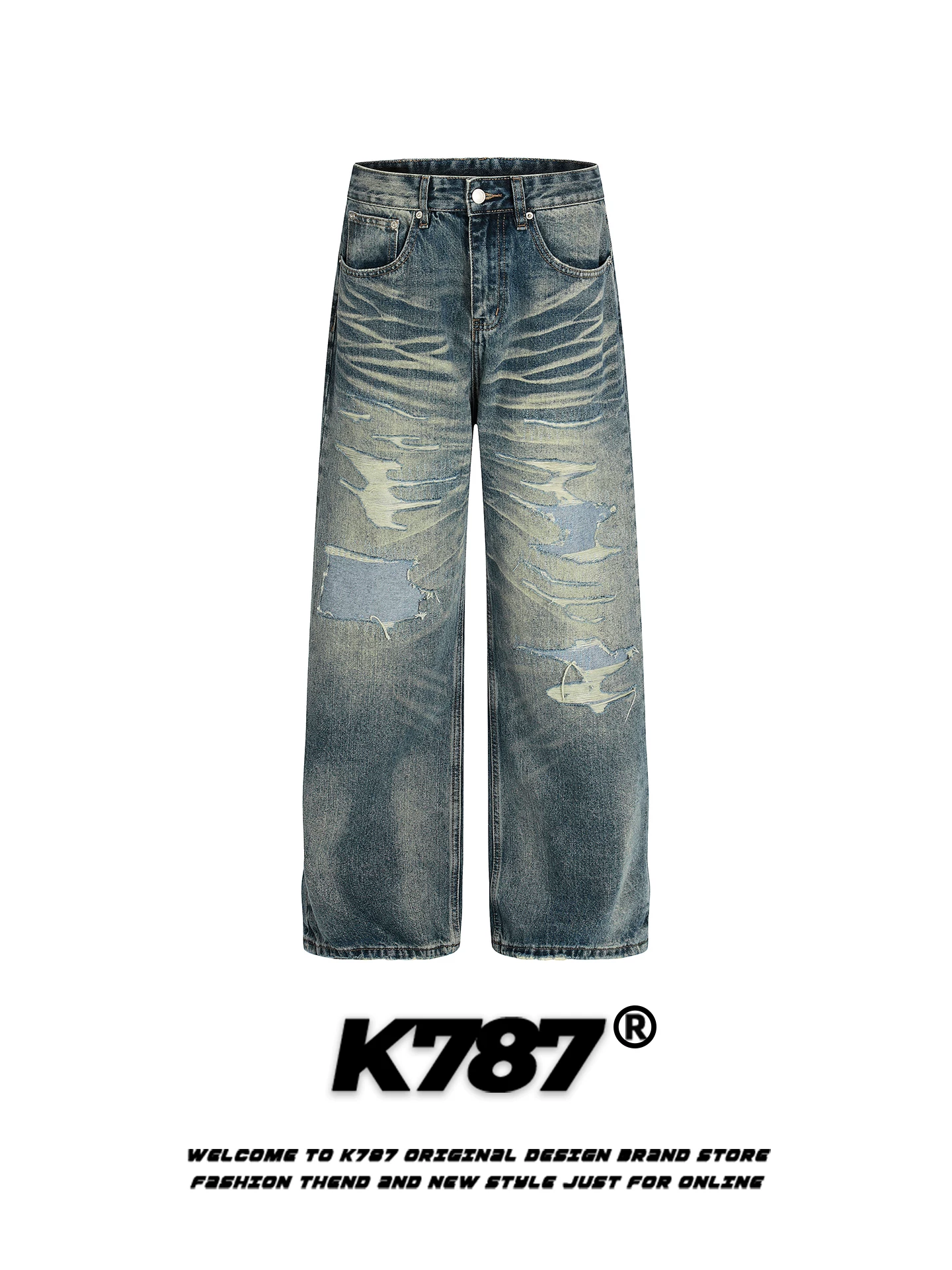 Quần jeans rách kiểu đường phố Mỹ K787 dành cho nam, dáng rộng, màu phai, thương hiệu thời thượng, phong cách cá tính, quần dài ống rộng thoải mái