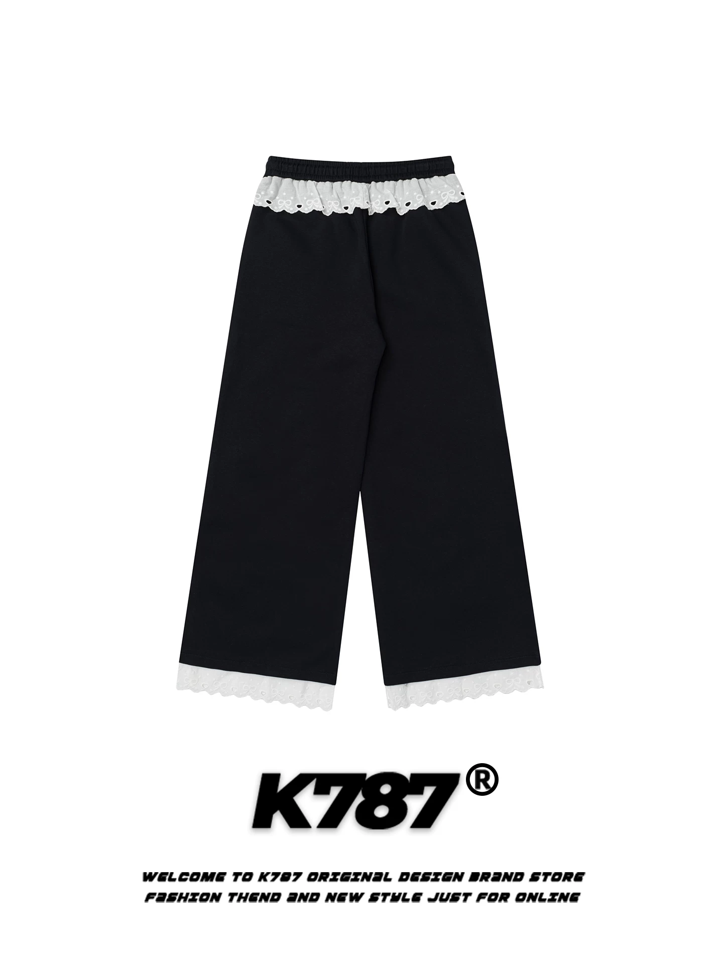 K787 Quần kiểu Nhật dễ thương hình mèo hoạt hình phối ren quần âu unisex lưng cao đa năng dáng rộng phối màu quần ống thẳng