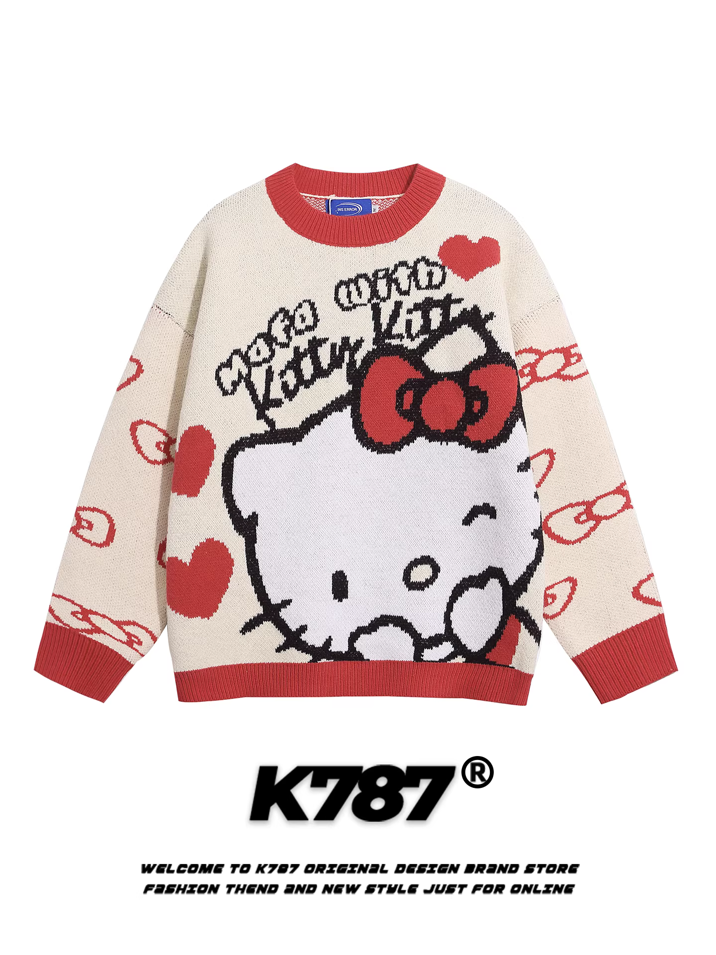 Áo len cổ tròn họa tiết mèo KT phong cách Mỹ giản dị K787 dành cho nữ, kiểu dáng rộng rãi, mềm mại, trẻ trung, phong cách lười biếng.