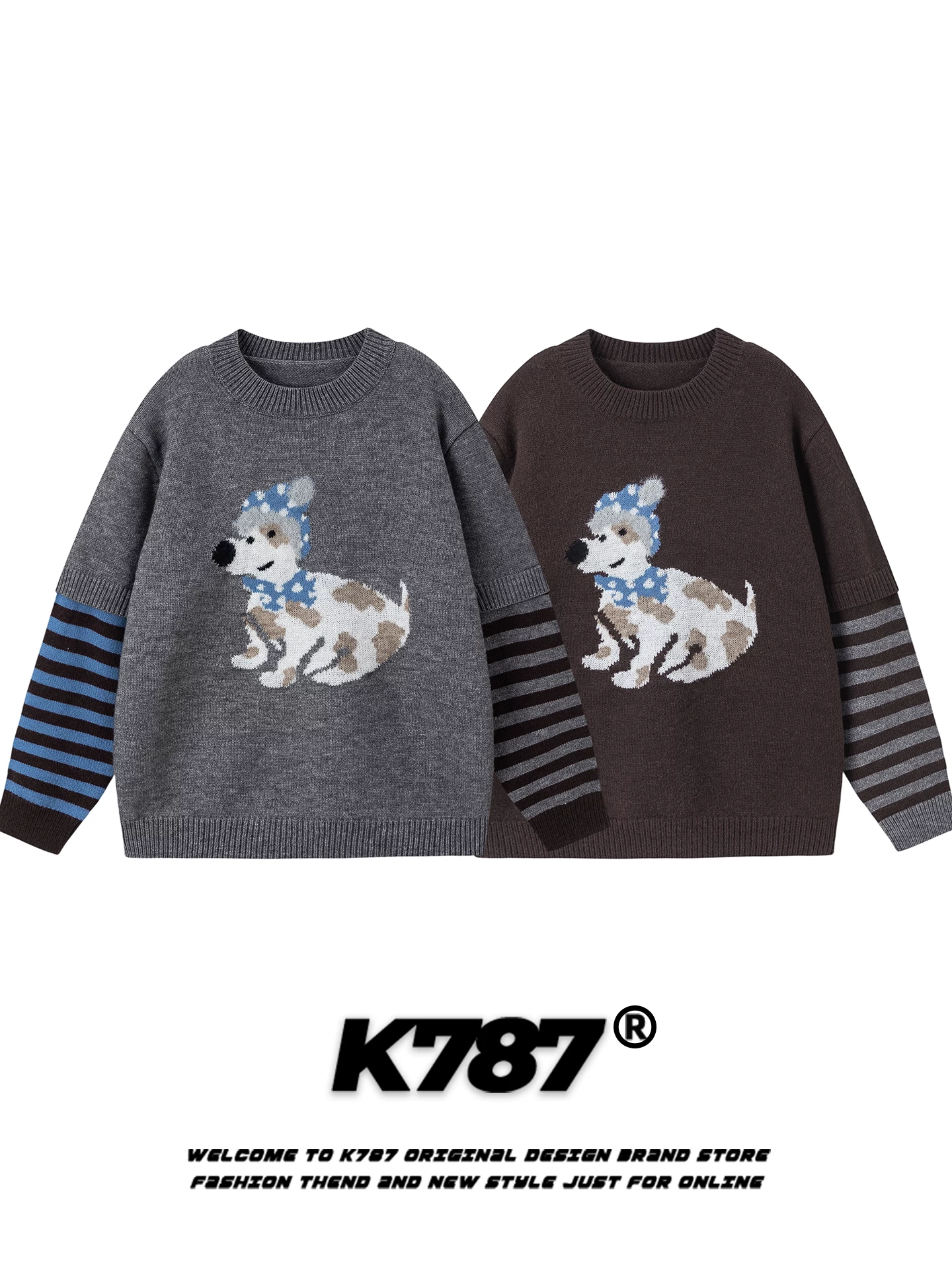 Áo len dệt kim giả hai mảnh kiểu Mỹ cổ điển K787, họa tiết chó, unisex, sọc, dáng rộng, đa năng, phong cách thường ngày