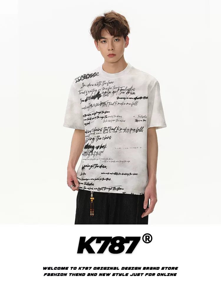 Áo thun ngắn tay K787 kiểu Mỹ cổ điển, họa tiết graffiti tie-dye, dành cho nam và nữ, kiểu dáng rộng rãi, thoải mái, áo đôi.