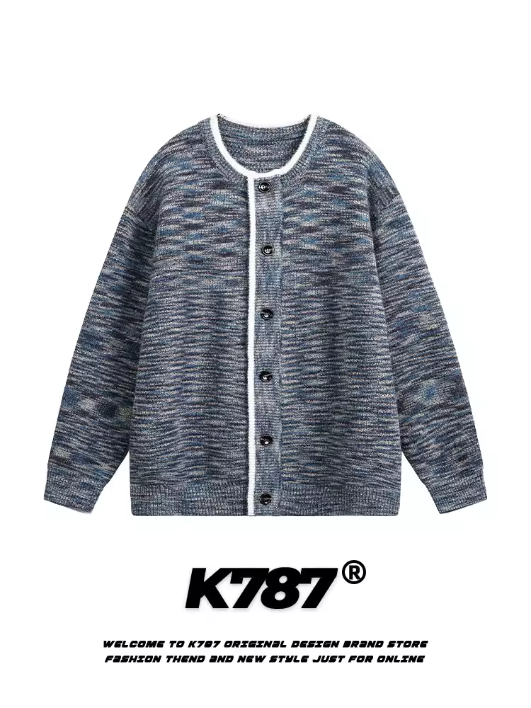 Áo cardigan len dệt kim cổ tròn phối màu phong cách retro Mỹ K787, kiểu dáng unisex, phong cách lười biếng, chất liệu dệt kim, kiểu dáng thường ngày.