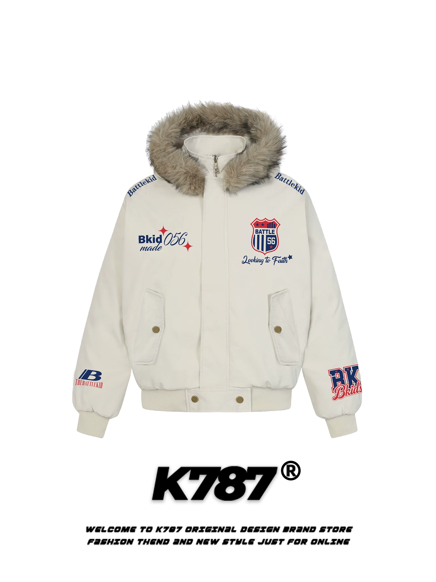 Áo khoác cotton có mũ trùm đầu, cổ lông thêu phong cách đường phố Mỹ K787 dành cho nam và nữ, ấm áp và dày dặn, áo khoác cotton kiểu biker dành cho cặp đôi mùa đông.