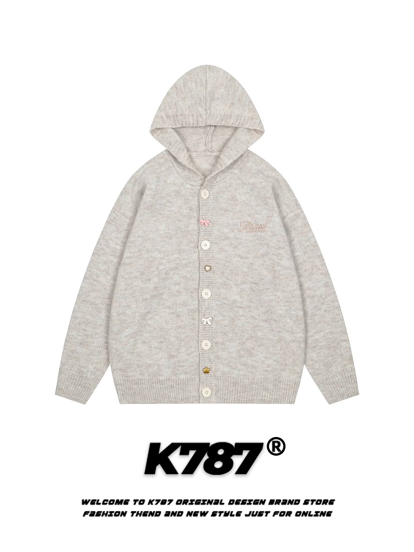 Áo khoác cardigan có mũ thêu chữ kiểu Mỹ cổ điển K787 dành cho nữ, kiểu dáng rộng rãi và thoải mái, mùa thu đông, màu xám, chất liệu len dệt kim
