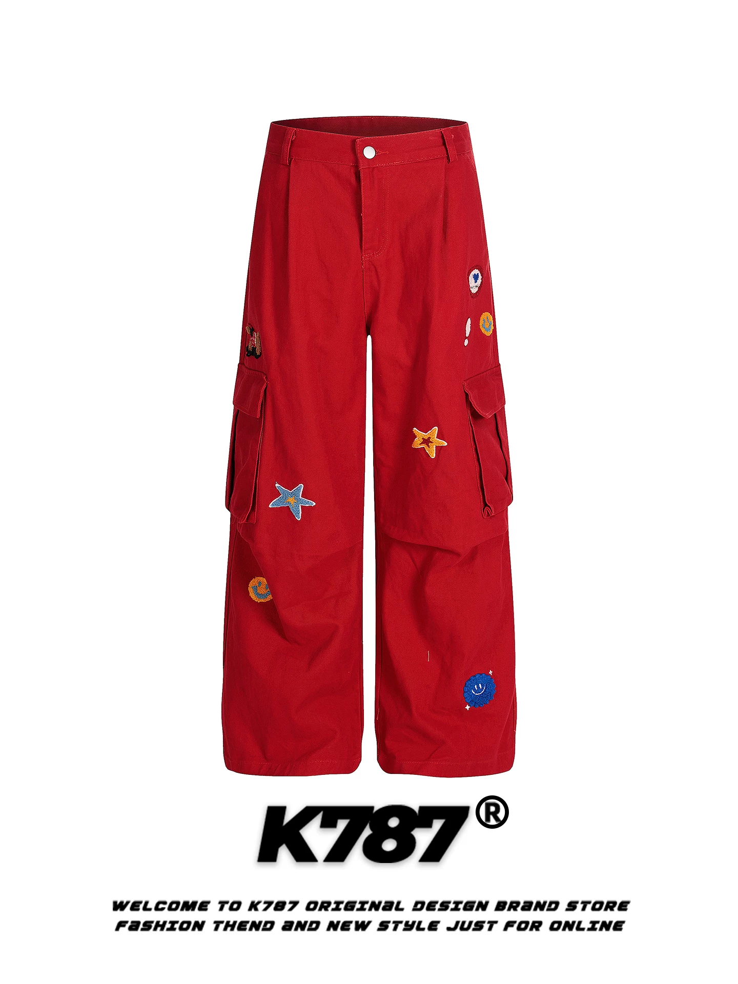 K787 Thương hiệu thời trang đường phố Mỹ quần jean thêu hình ngôi sao unisex lưng cao màu trắng dáng rộng đa năng quần ống đứng thông thường