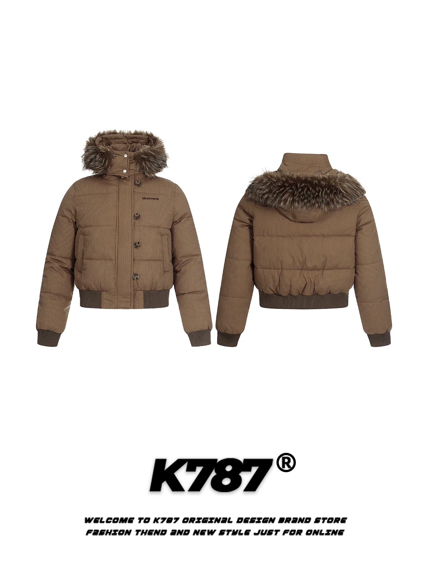 Áo khoác cotton có mũ trùm đầu cổ lông kẻ sọc cổ điển kiểu Mỹ K787 dành cho nữ, phong cách lười biếng, dày dặn và ấm áp, áo khoác cotton mùa đông ngắn.
